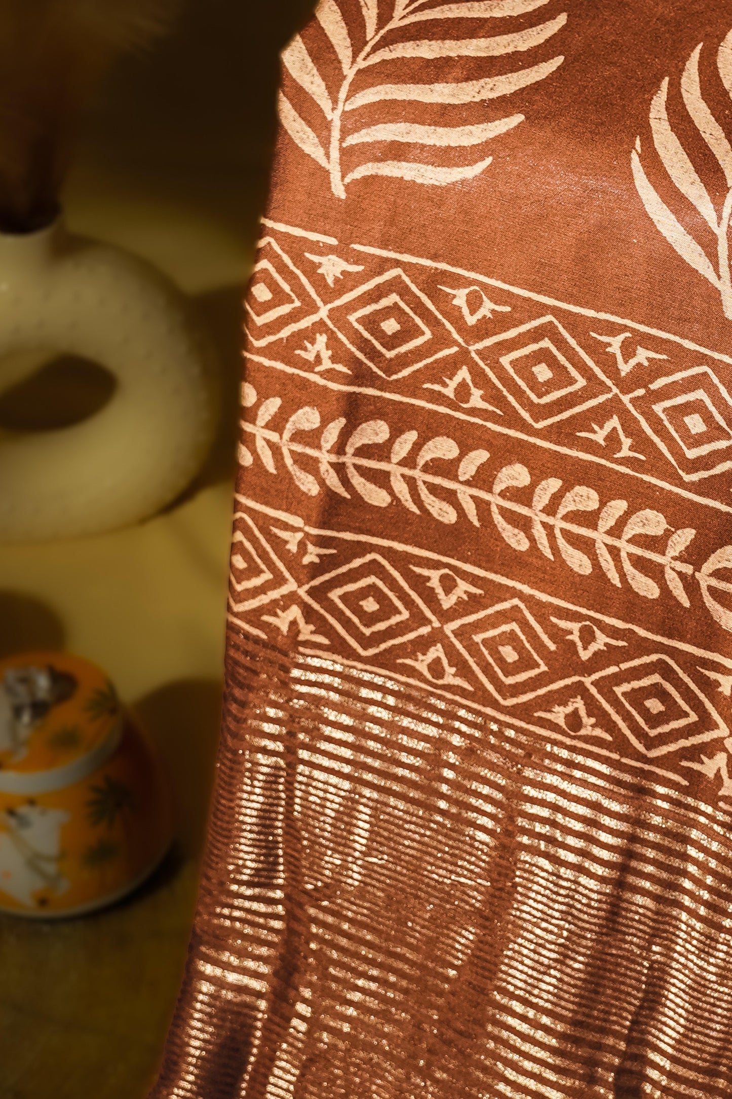 Sutrayan Cocoa Gold — Heritage Soft Silk Saree with Zari Palm Motifs