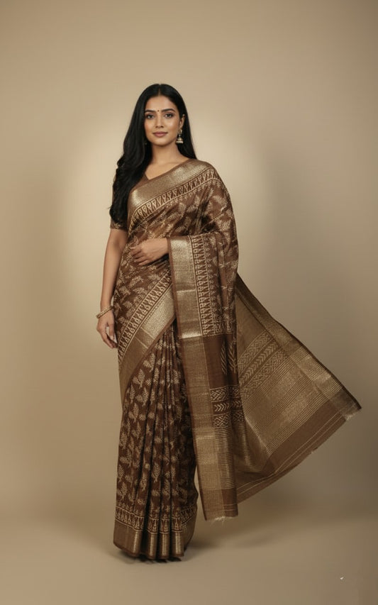 Sutrayan Cocoa Gold — Heritage Soft Silk Saree with Zari Palm Motifs