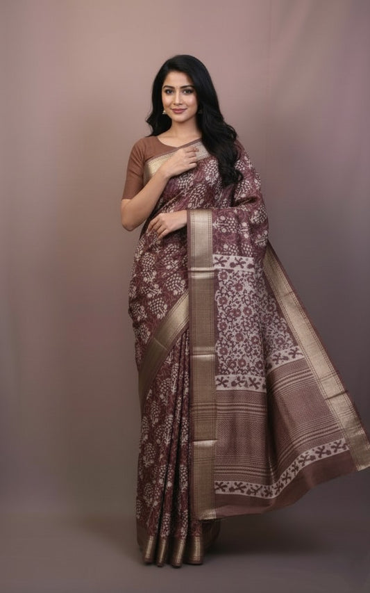 Sutrayan Rosewood Bloom — Soft Silk Saree with Vintage Floral Zari Weave