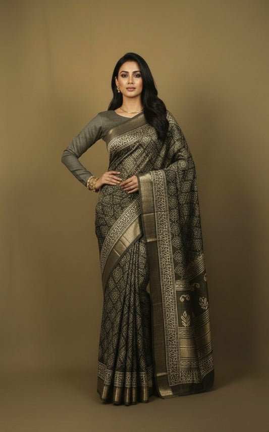 Sutrayan Obsidian Elegance — Soft Silk Saree with Diamond Buta Weave