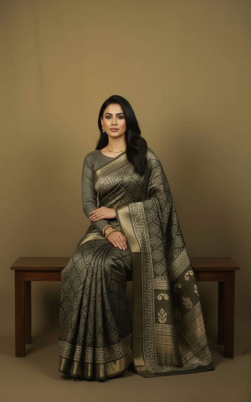 Sutrayan Obsidian Elegance — Soft Silk Saree with Diamond Buta Weave