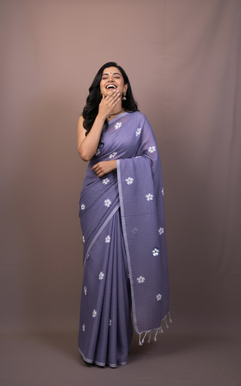 Sutrayan Lavender Bloom - Handwoven Cotton Saree with Daisy Embroidery