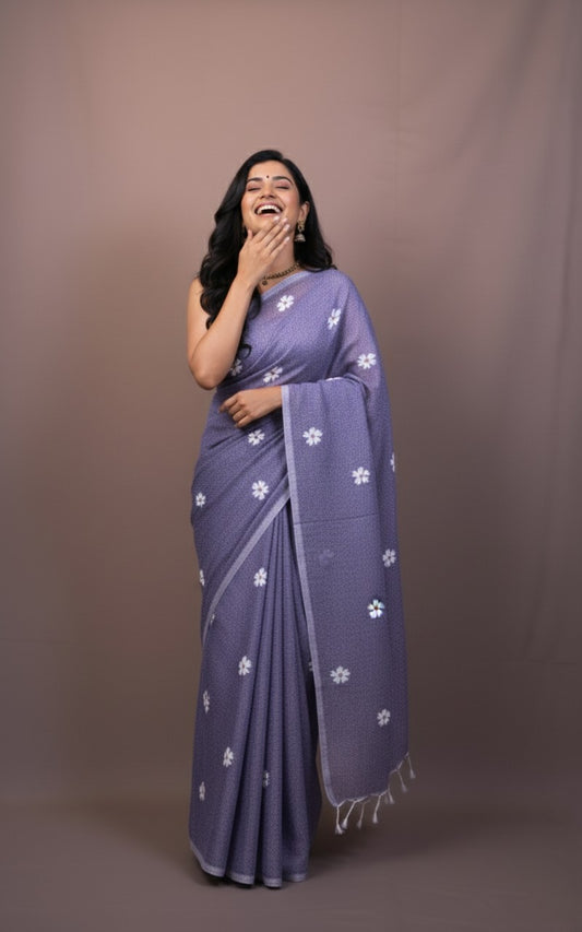 Sutrayan Lavender Bloom - Handwoven Cotton Saree with Daisy Embroidery