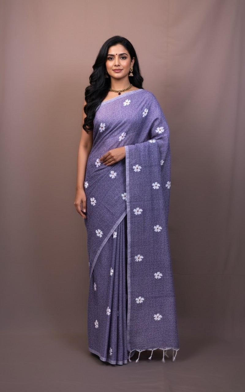 Sutrayan Lavender Bloom - Handwoven Cotton Saree with Daisy Embroidery