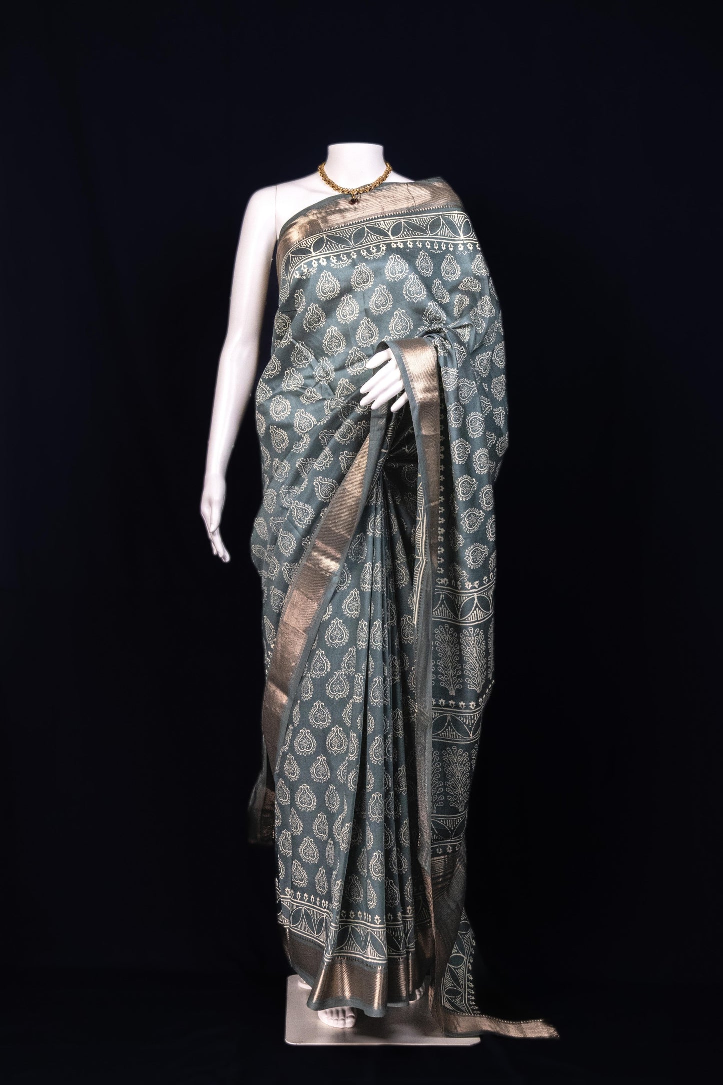 Sutrayan Misty Teal - Muslin Silk Saree with Paisley and Temple Border