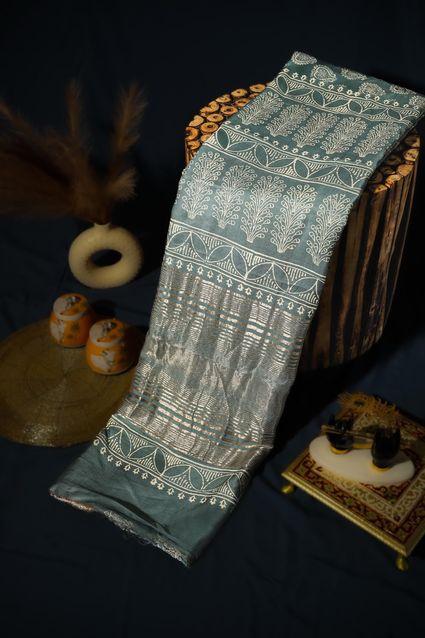 Sutrayan Misty Teal - Muslin Silk Saree with Paisley and Temple Border