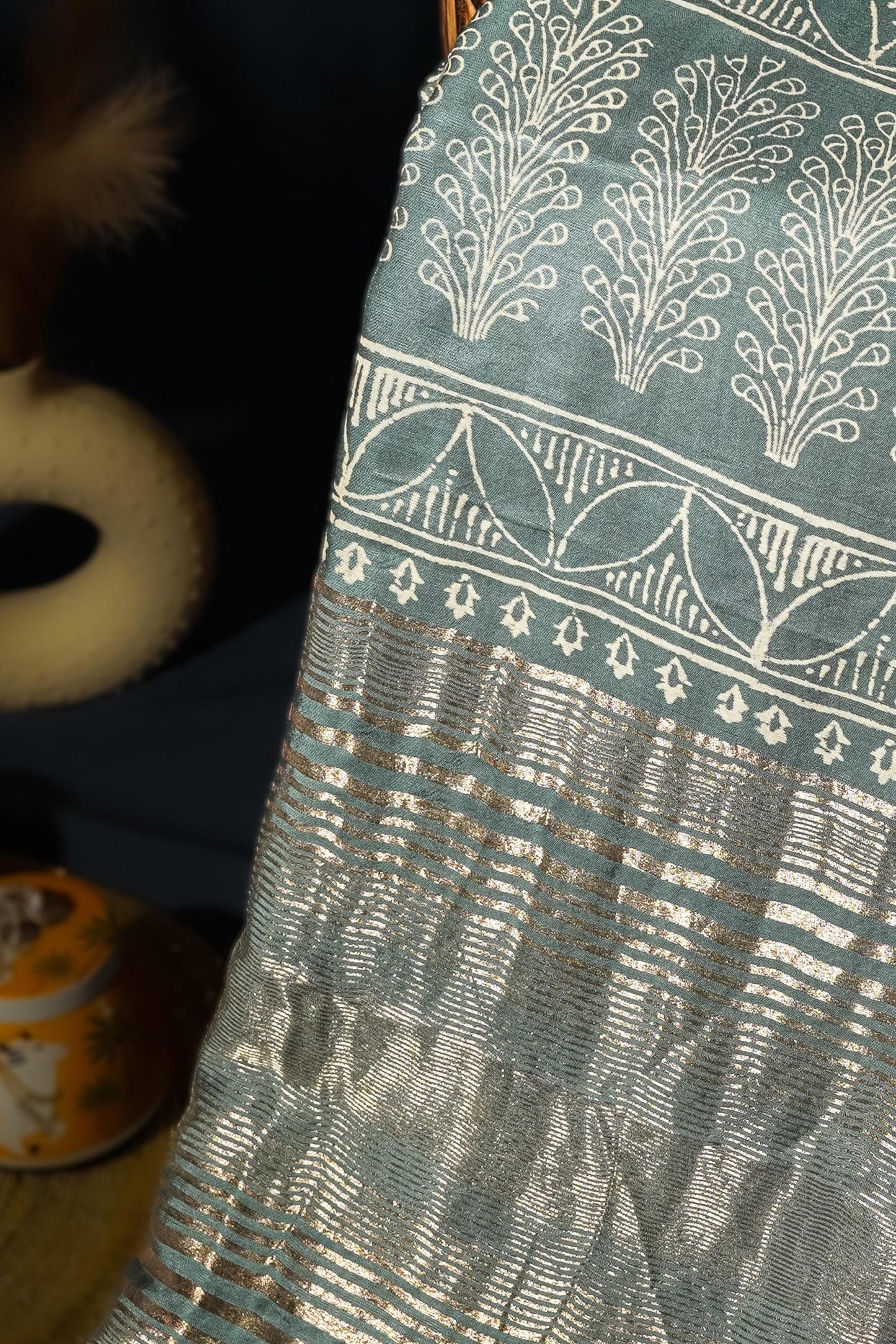 Sutrayan Misty Teal - Muslin Silk Saree with Paisley and Temple Border
