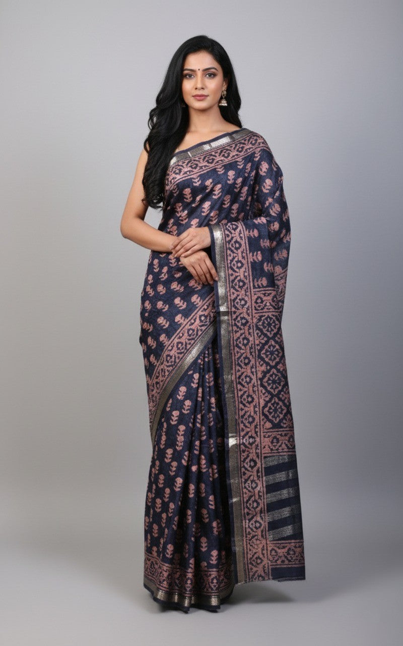 Noir Bloom — Midnight Blue Handwoven Silk Saree with Rosewood Motifs