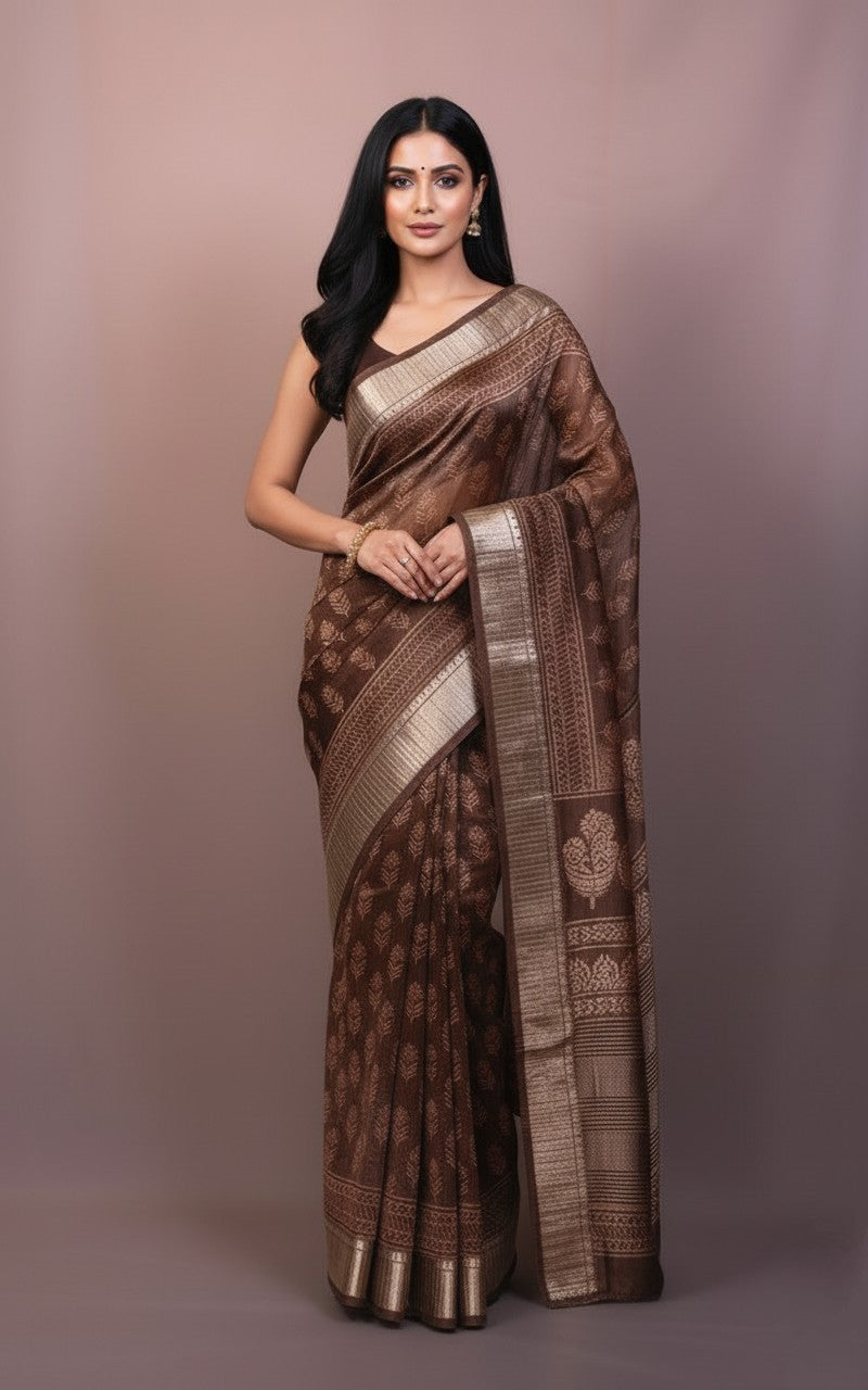 Mocha Gold Elegance — Handwoven Silk Saree with Zari Detailing