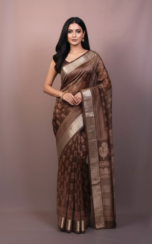 Mocha Gold Elegance — Handwoven Silk Saree with Zari Detailing