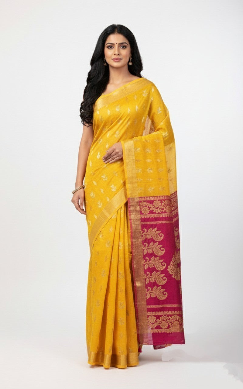 Suryamukhi Glow - Yellow Banarasi Silk Saree with Magenta Contrast Pallu