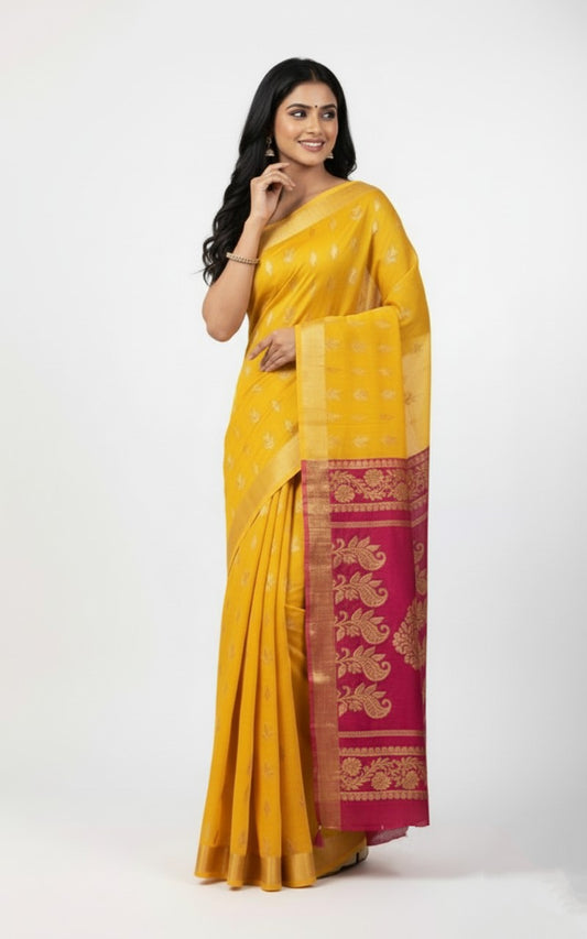 Suryamukhi Glow - Yellow Banarasi Silk Saree with Magenta Contrast Pallu