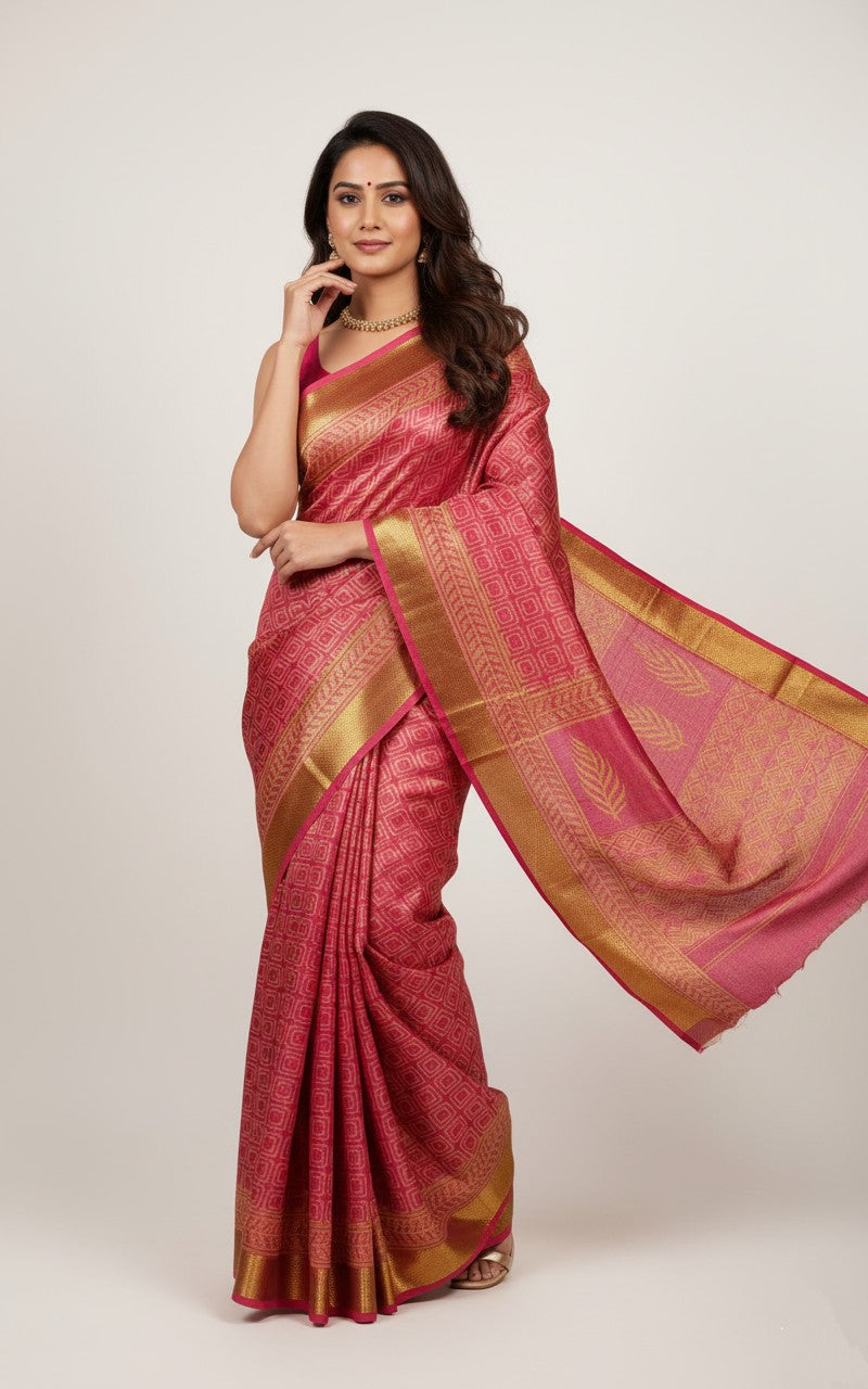 Sutrayan Glint - Handwoven Pink-Gold Silk Saree with Geometric Zari Patterns