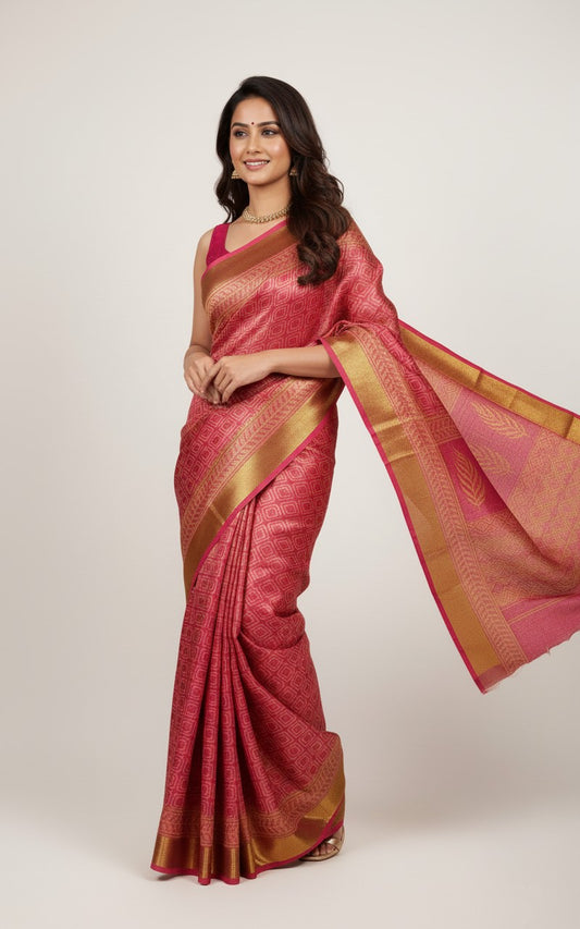 Sutrayan Glint - Handwoven Pink-Gold Silk Saree with Geometric Zari Patterns