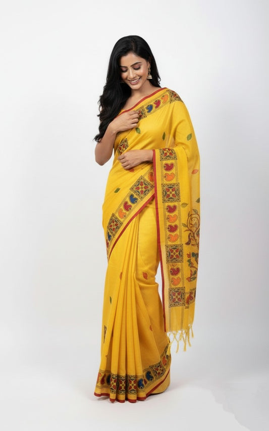 Phoolwari Charm — Yellow Hand-Painted Cotton Saree with Kalamkari Motifs