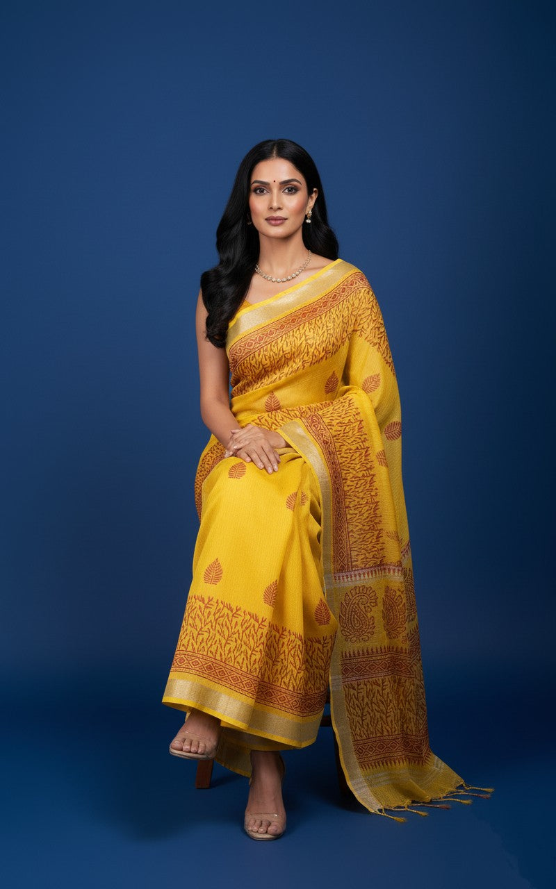 Surya Teej — Sunshine Yellow Cotton Saree with Traditional Maroon Leaf Motifs