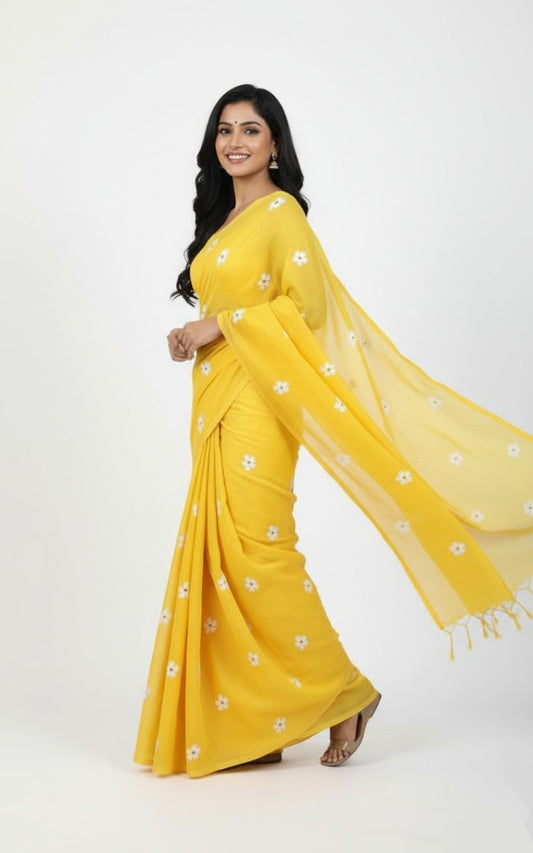 Gulbahar — Sunshine Yellow Cotton Saree with White Daisy Embroidery