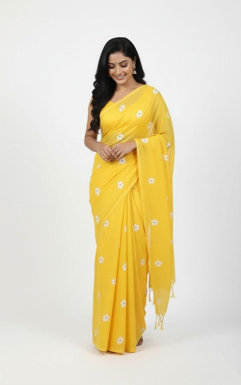 Gulbahar — Sunshine Yellow Cotton Saree with White Daisy Embroidery