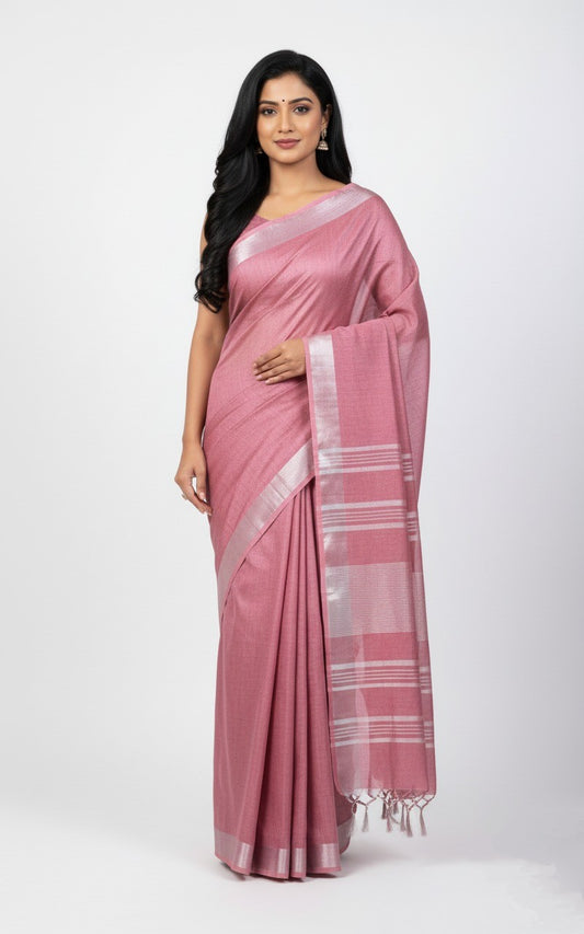 Sutrayan Blush - Handwoven Pink Cotton-Silk Saree with Subtle Silver Border