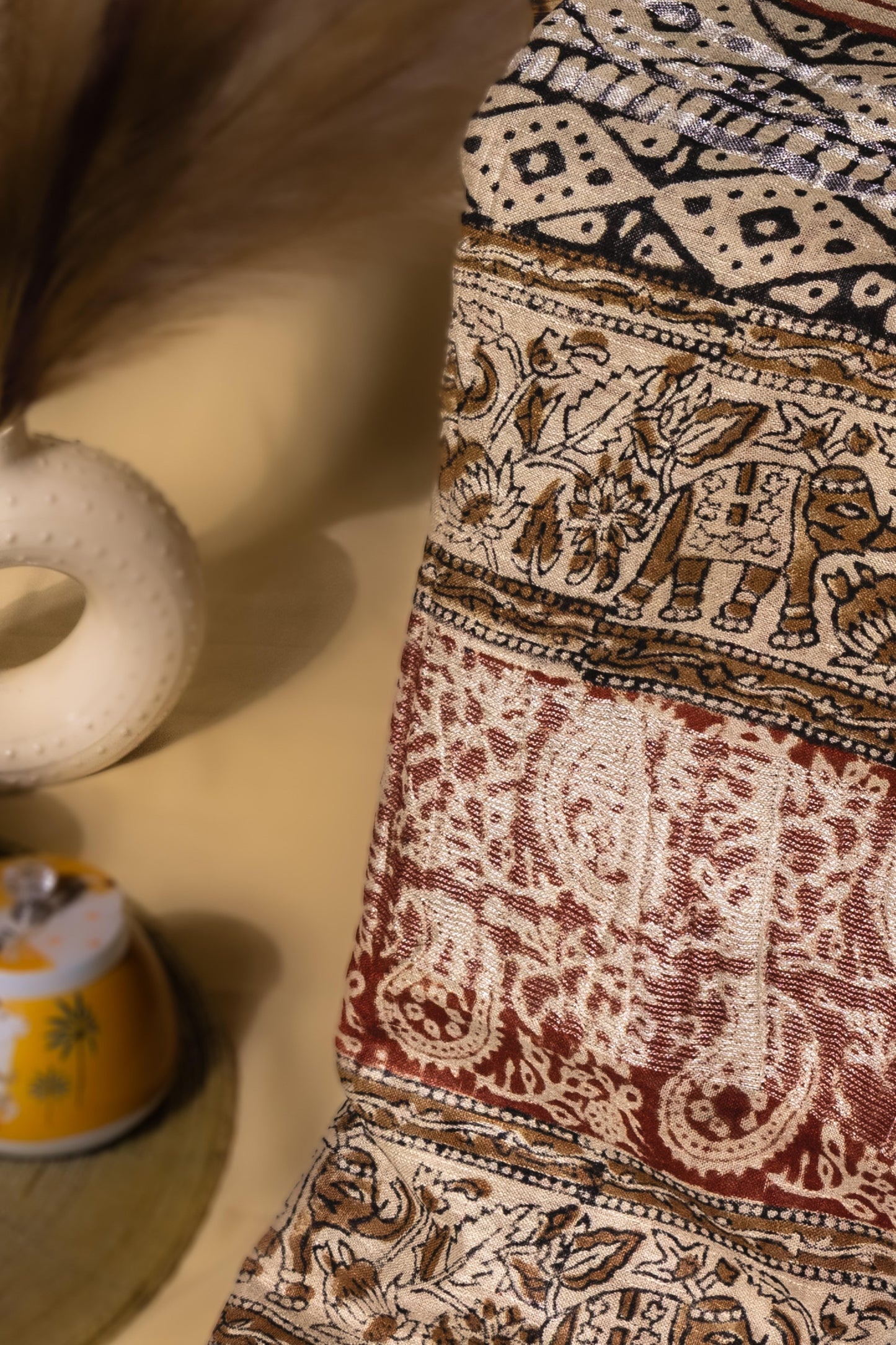 Sutrayan Earthsong - Handwoven Black & Beige Linen Saree with Botanical Motifs