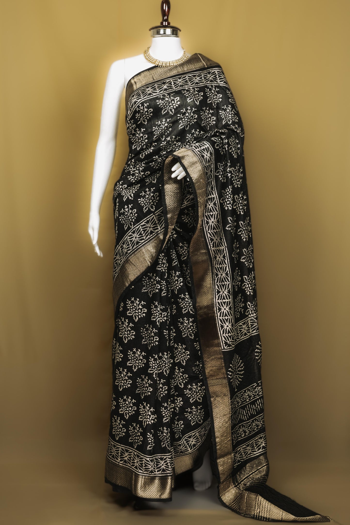 Sutrayan Black Blossom - Handwoven Black Silk Saree with Floral Zari Embroidery