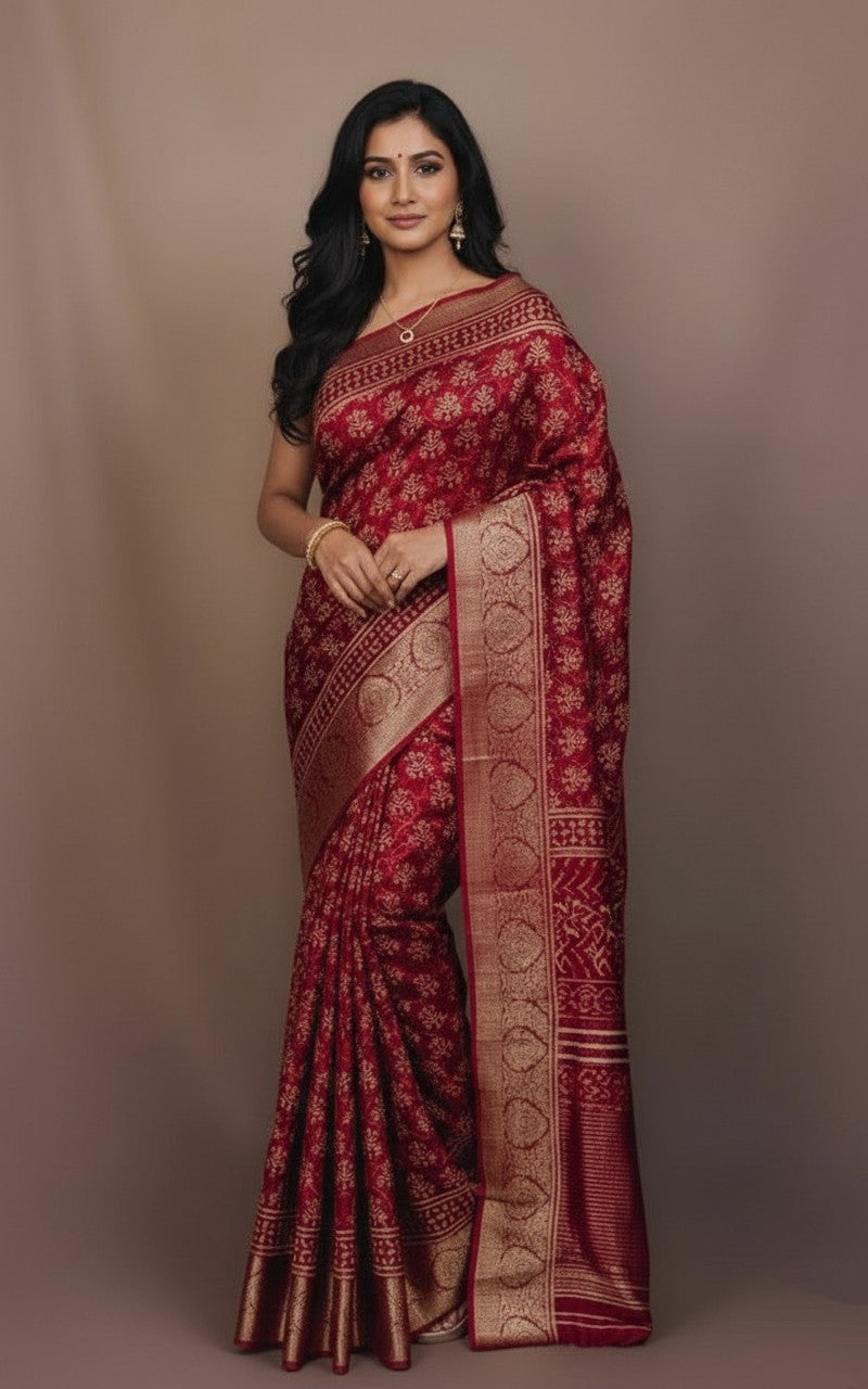 Sutrayan Maroon Majesty - Handwoven Silk Saree with Antique Zari Weave and Traditional Buta