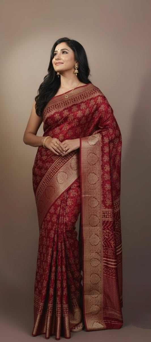 Sutrayan Maroon Majesty - Handwoven Silk Saree with Antique Zari Weave and Traditional Buta