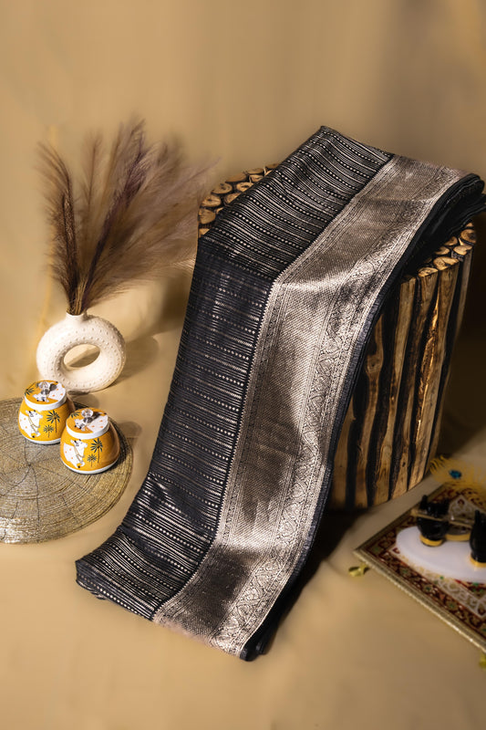 Sutrayan Noir Luxe — Handwoven Black Silk Saree with Antique Gold Zari Stripes