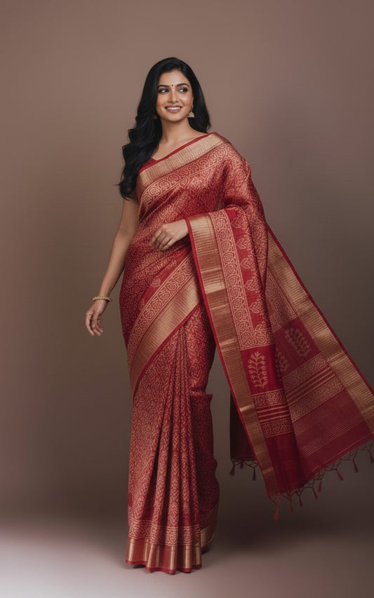 Sutrayan Kashi — Handwoven Maroon Tissue Silk Saree with Traditional Zari Jaal Work