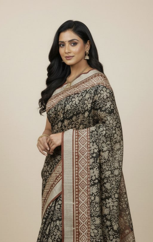 Sutrayan Earthsong - Handwoven Black & Beige Linen Saree with Botanical Motifs