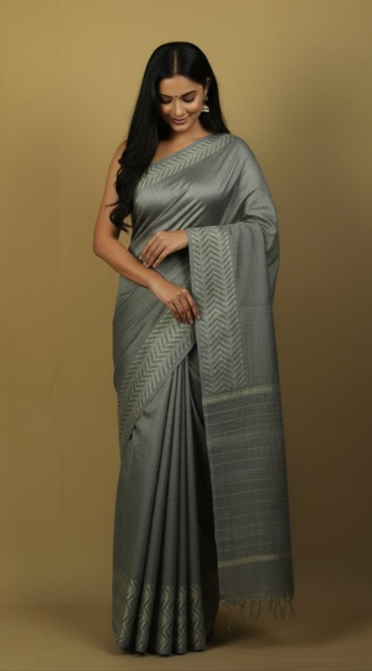 Sutrayan Teal Blue Mirage - Matte Chanderi Silk Saree with Chevron Border